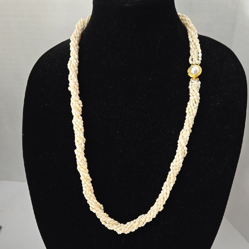 Vntg 7-Strand Rice Pearl Nklc w/Faux Pearl Clasp EUC 30", Pearls Approx 4x2mm
